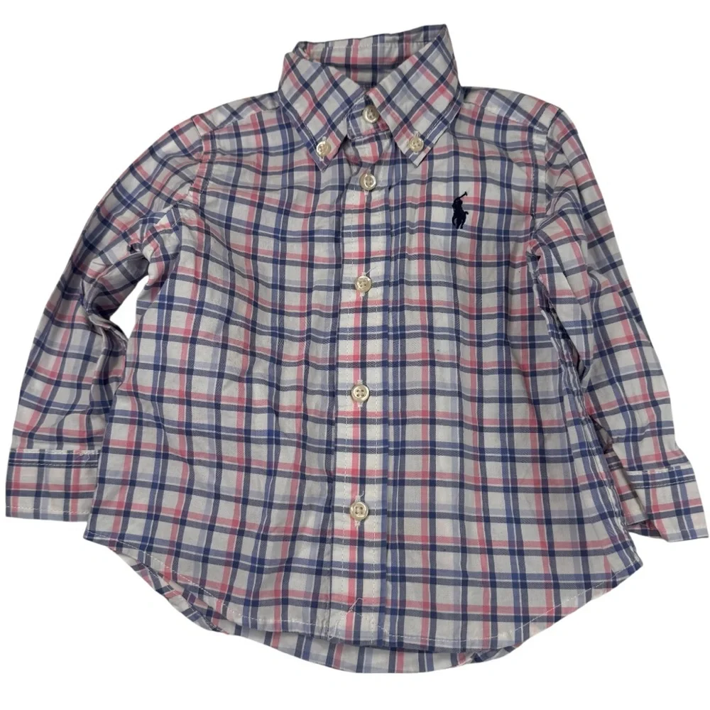 Ralph Lauren Baby Shirt Boy's Size 9M Cotton White Plaid Easter Plaid Button Up